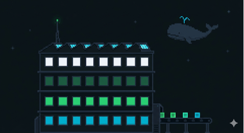 La fabbrica di software — illustrazione pixel art